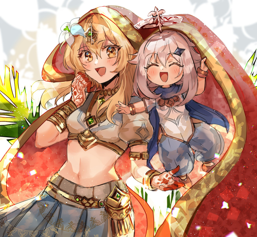 2girls :d absurdres alternate_costume arabian_clothes banana_leaf bangs blonde_hair blush bracelet clothing_cutout flower gem genshin_impact hair_flower hair_ornament halo hand_tattoo highres jewelry kash-phia looking_at_viewer lumine_(genshin_impact) multiple_girls navel_cutout necklace paimon_(genshin_impact) smile tattoo white_hair woof yellow_eyes