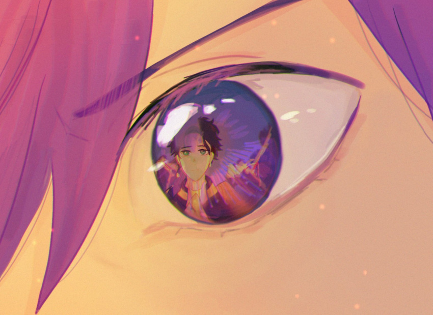 2boys armor cape claude_von_riegan close-up closed_eyes closed_mouth d_kenpis earrings eyelashes fire_emblem fire_emblem:_three_houses fire_emblem_heroes fire_emblem_warriors:_three_hopes green_eyes jewelry multiple_boys purple_hair reflection shez_(fire_emblem) shez_(fire_emblem)_(male) short_hair violet_eyes
