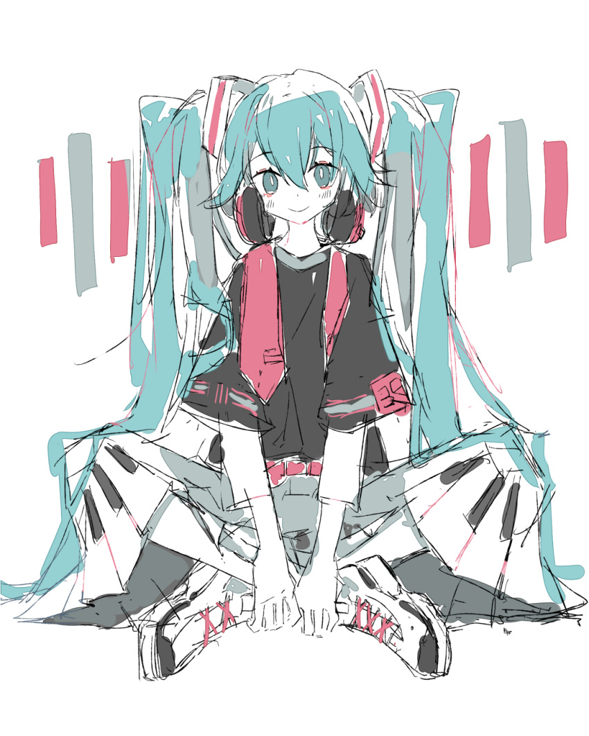 1girl baggy_clothes belt belt_buckle black_shirt blue_eyes blue_hair blush buckle commentary dot_nose english_commentary hands_on_feet hatsune_miku headphones headphones_around_neck highres indian_style limited_palette long_hair looking_at_viewer melanbread necktie necktie_removed piano_print shirt shoes short_sleeves simple_background sitting sketch smile sneakers solo twintails very_long_hair vocaloid white_background white_footwear