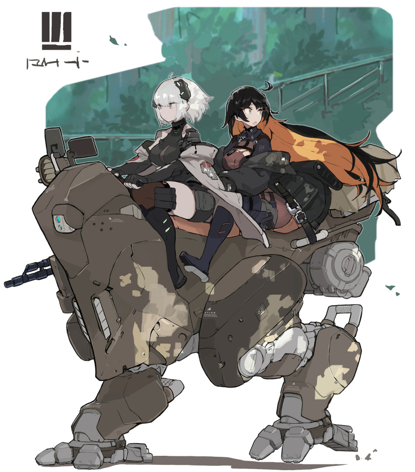 2girls ahoge awestruck black_coat black_gloves black_hair blue_eyes brown_thighhighs cloak closed_mouth coat dappled_sunlight driving elbow_gloves english_text fingerless_gloves forest gloves grey_cloak grey_hair gun handgun headgear highres holding holding_weapon holster long_hair mecha multicolored_hair multiple_girls nature one_(dnjsaos86) open_mouth orange_hair original outdoors pouch railing robot science_fiction see-through short_hair sitting sunlight thigh-highs thigh_pouch torn torn_clothes turtleneck two-tone_hair very_long_hair violet_eyes walking weapon wide-eyed