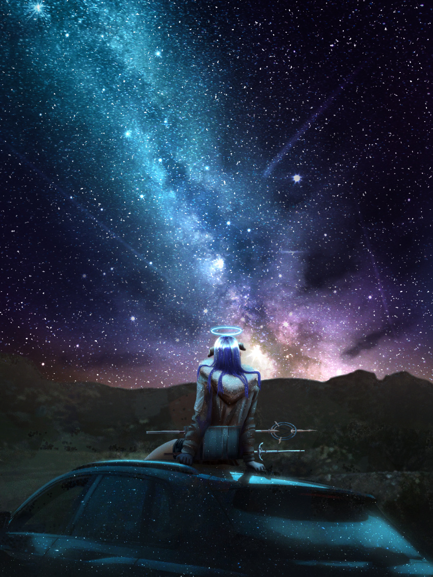 1girl absurdres arknights black_gloves black_jacket blue_hair car from_behind gloves ground_vehicle halo highres jacket lit_for_20 long_hair long_sleeves milky_way mostima_(arknights) motor_vehicle mountain night night_sky on_vehicle outdoors scenery sitting sky solo sports_utility_vehicle star_(sky)