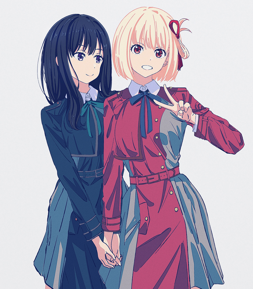 2girls :d absurdres bangs belt black_hair blonde_hair blue_belt blue_dress blue_ribbon blush bob_cut closed_mouth collared_shirt commentary_request dress green_ribbon grey_dress hair_ribbon highres inoue_takina long_hair looking_at_viewer looking_to_the_side lycoris_recoil lycoris_uniform multiple_girls neck_ribbon nishikigi_chisato open_mouth pleated_dress purple_eyes red_belt red_dress red_eyes red_ribbon ribbon school_uniform shirt short_hair simple_background smile teeth tsmkn two-tone_dress upper_teeth white_background white_shirt