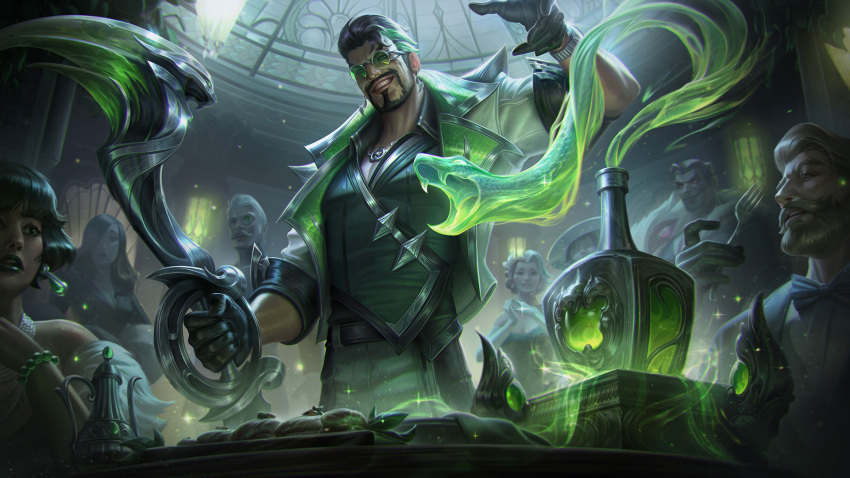 1boy alternate_costume axe bead_bracelet beads beard black_hair bracelet coat collared_coat collared_shirt crime_city_nightmare_darius debonair_draven draven ear_piercing earrings facial_hair fantasy feet_out_of_frame food fork glasses gloves green_eyes green_hair highres jar jewelry league_of_legends leather leather_belt liquid long_hair looking_at_viewer male_focus manly marie_magny mature_male monocle multicolored_hair multiple_boys multiple_girls muscular muscular_male mustache necklace official_art pectorals piercing shirt smirk smoke snake sparkle splashing stud_earrings teeth watch weapon white_hair