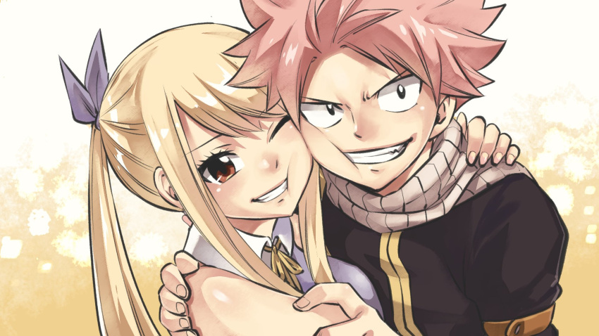 1boy 1girl black_eyes blonde_hair brown_eyes cheek-to-cheek cheek_press fairy_tail fang hand_on_another's_shoulder heads_together highres hug long_hair looking_at_viewer lucy_heartfilia mashima_hiro natsu_dragneel official_art one_eye_closed pink_hair scarf shirt short_hair side_ponytail sleeveless sleeveless_shirt spiky_hair striped striped_scarf teeth upper_body yellow_background
