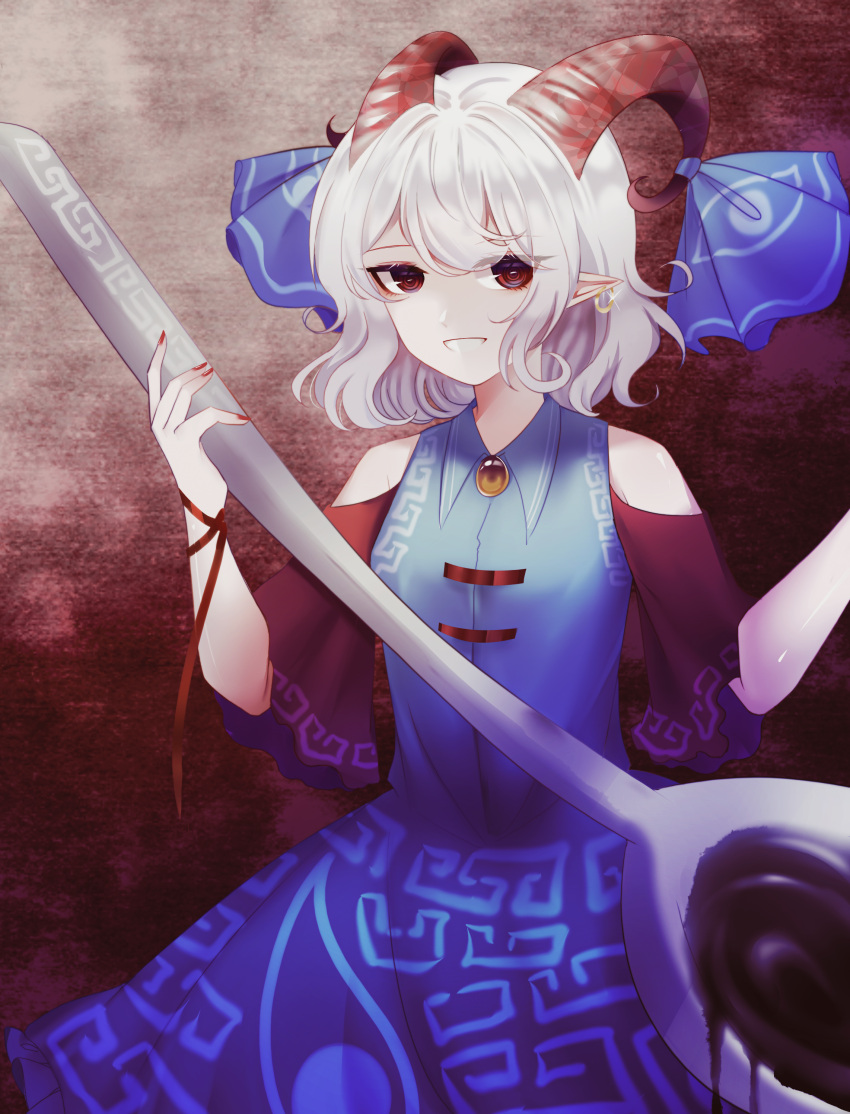 1girl absurdres bare_shoulders blue_dress blue_ribbon detached_sleeves dress earrings fingernails highres holding holding_spoon horn_ornament horn_ribbon horns jewelry meandros nail_polish oil open_mouth oversized_object pointy_ears red_eyes red_horns red_nails red_sleeves ribbon sheep_horns short_hair solo spoon touhou toutetsu_yuuma white_hair yitianjun