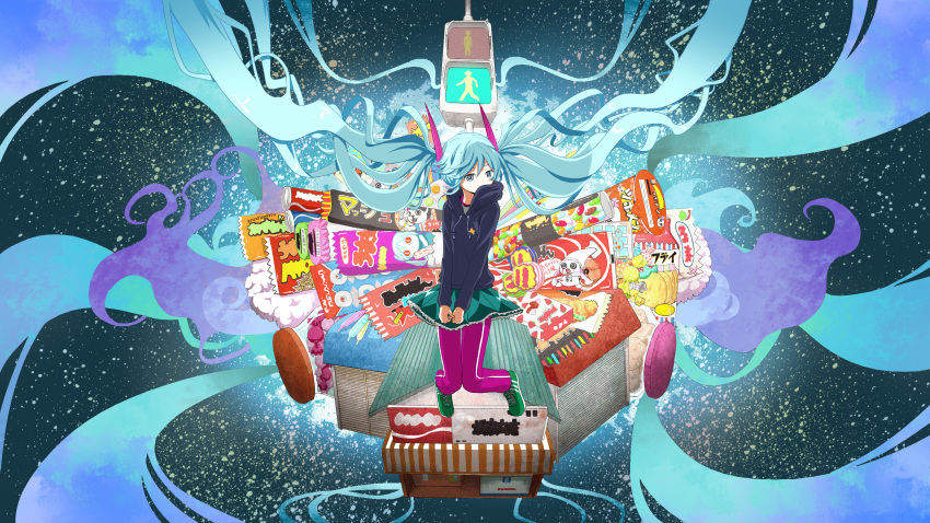 1girl absurdly_long_hair aimaina aqua_skirt argyle argyle_skirt black_hole_ga_okashoutengai_(vocaloid) blue_eyes blue_hair blue_hoodie candy candy_store candy_wrapper clenched_hands covered_mouth dot_nose doushite-chan drawstring floating_hair food frilled_skirt frills green_footwear hair_between_eyes hatsune_miku highres hood hood_down hoodie long_hair looking_at_viewer miniskirt own_hands_together pants pants_under_skirt pigeon-toed pinocchio-p print_hoodie purple_pants shoes shop skirt sneakers solo space star_(symbol) star_print track_pants traffic_light twintails very_long_hair vocaloid wavy_hair