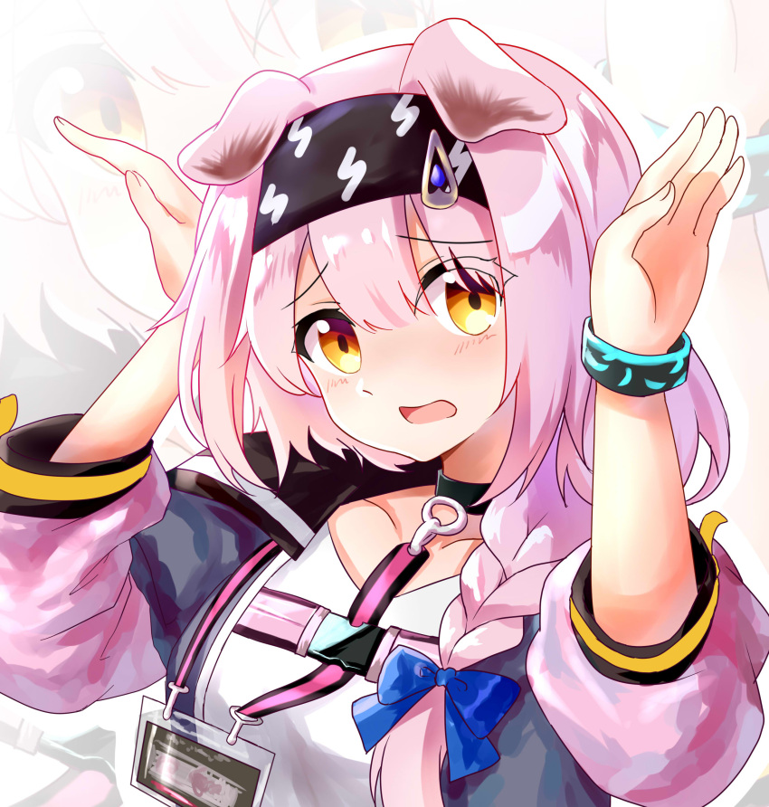 1girl absurdres akusamu animal_ears arknights arms_up black_hairband blue_bow bow braid bunny_pose cat_ears cat_girl coat floppy_ears goldenglow_(arknights) hair_between_eyes hairband highres id_card infection_monitor_(arknights) jacket lightning_bolt_print multicolored_clothes multicolored_jacket pink_coat pink_hair pink_jacket print_hairband scottish_fold side_braid two-tone_coat two-tone_jacket upper_body yellow_eyes