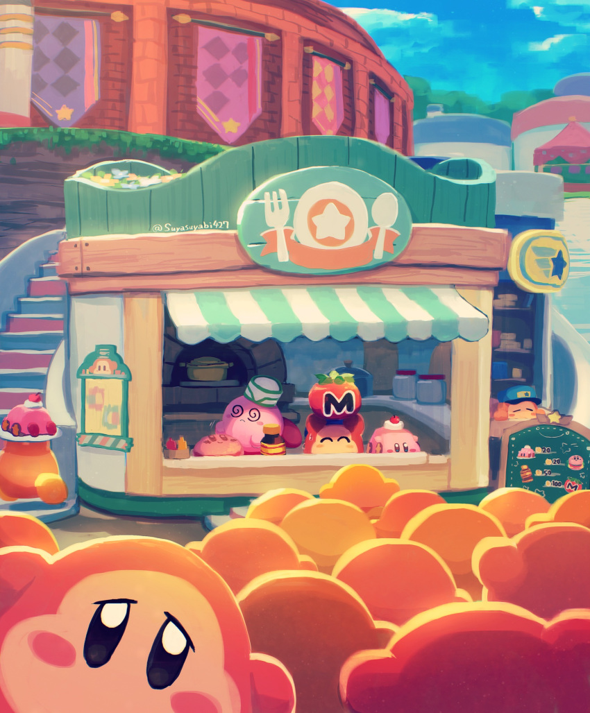 @_@ bandana bandana_waddle_dee blush_stickers burger cake cherry closed_eyes clouds colored_skin day flower food fork fruit hat highres jar ketchup_bottle kirby kirby_(series) kirby_and_the_forgotten_land maxim_tomato menu_board mustard_bottle no_humans oven pink_skin sky spoon star_(symbol) suyasuyabi sweat too_many twitter_username waddle_dee
