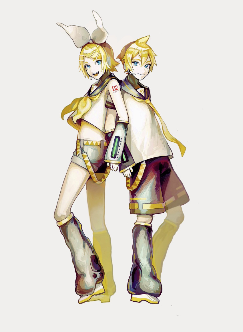 1boy 1girl back-to-back bangs bass_clef black_shorts black_sleeves blonde_hair blue_eyes bow closed_mouth crop_top derivative_work detached_sleeves english_commentary eyebrows_hidden_by_hair flipped_hair full_body grey_background hair_bow headset highres kagamine_len kagamine_rin knees_apart_feet_together leg_warmers looking_at_viewer microphone midriff mixed-language_commentary neckerchief necktie nunosei open_mouth parted_bangs sailor_collar sailor_shirt shirt shoes short_hair short_shorts shorts simple_background smile spiky_hair standing teeth treble_clef upper_teeth vocaloid vocaloid_boxart_pose white_bow white_footwear white_shirt yellow_nails yellow_neckerchief yellow_necktie