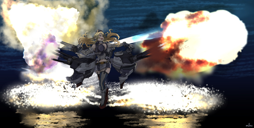 1girl absurdres american_flag american_flag_legwear american_flag_print asymmetrical_legwear blonde_hair blue_eyes breasts cannon explosion fingerless_gloves flag_print front-tie_top garter_straps gloves headgear highres iowa_(kancolle) kantai_collection large_breasts mannjurenoir miniskirt mismatched_legwear navel ocean print_thighhighs rigging skirt solo standing standing_on_liquid star-shaped_pupils star_(symbol) striped striped_thighhighs symbol-shaped_pupils thigh-highs turret vertical-striped_thighhighs vertical_stripes