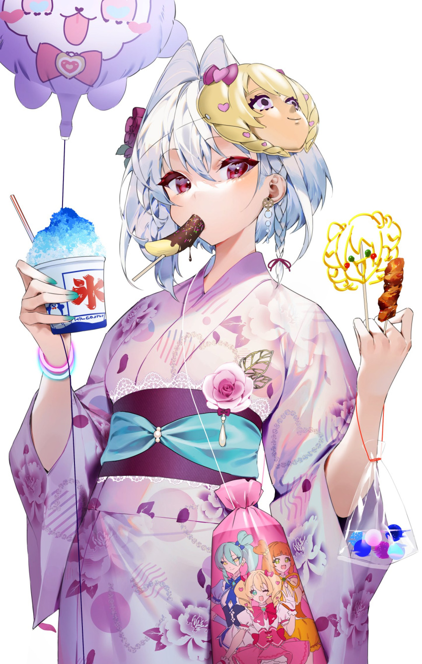 1girl bag balloon banana bow bracelet braid candy chocolate chocolate_banana drinking_straw dripping earrings eyeshadow fingernails floral_print flower food food_in_mouth fruit glowing green_nails hair_between_eyes hair_flower hair_ornament heart highres holding holding_food ichibi immersed japanese_clothes jewelry kimono long_fingernails long_sleeves looking_at_viewer makeup mask mask_on_head mask_removed meat original partially_immersed patterned patterned_clothing pink_flower pink_rose purple_bow purple_flower red_eyes red_eyeshadow red_ribbon ribbon rose shaved_ice short_hair simple_background single_earring skewer solo sprinkles transparent water white_hair wide_sleeves