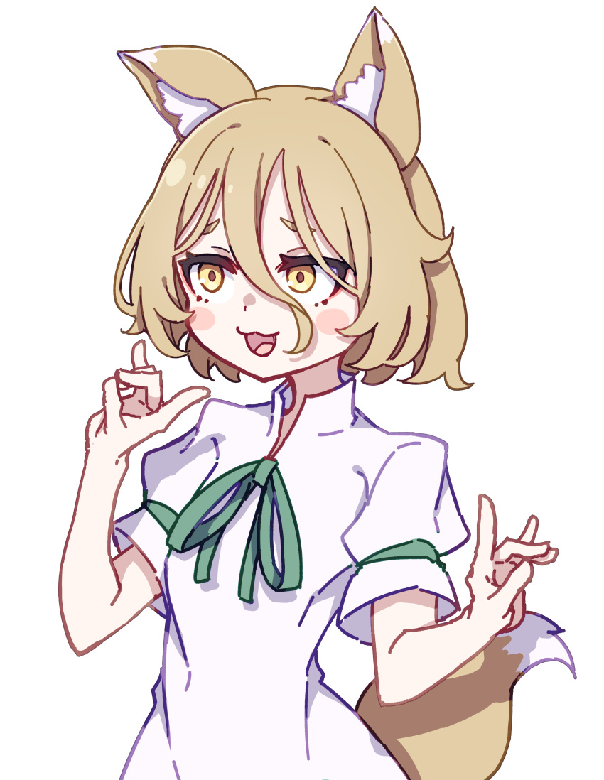 1girl absurdres animal_ears blonde_hair blush_stickers double_fox_shadow_puppet fox_ears fox_shadow_puppet fox_tail green_ribbon highres kame_(kamepan44231) kudamaki_tsukasa one-hour_drawing_challenge open_mouth ribbon romper short_hair short_sleeves simple_background solo tail touhou white_background white_romper yellow_eyes