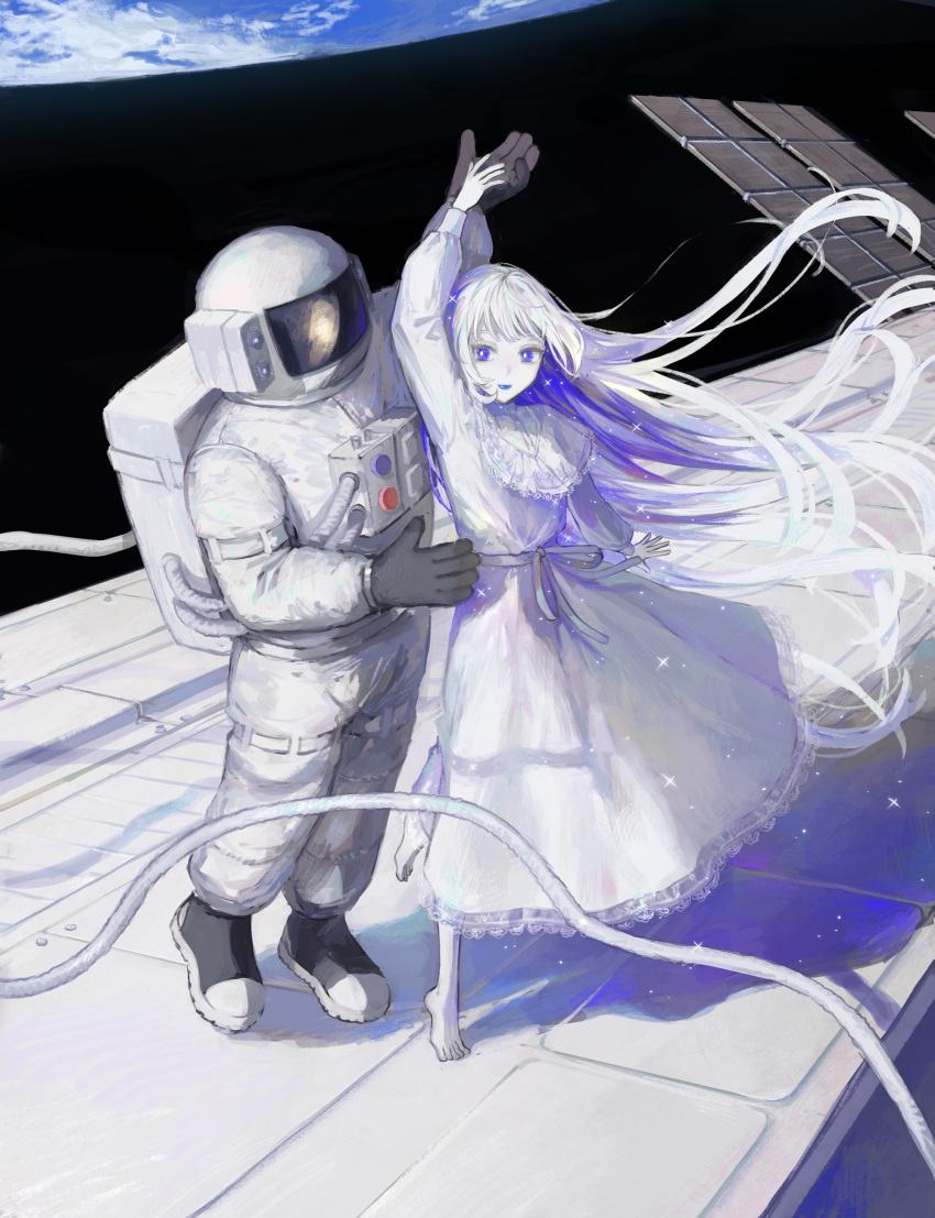 1girl 1other absurdres arm_up barefoot blue_eyes blue_hair blue_lips bright_pupils cable closed_mouth colored_skin dancing dress earth_(planet) floating gloves grey_gloves grey_ribbon helmet highres long_hair looking_at_another multicolored_hair nashiko_(nanaju_ko) original painterly planet ribbon smile space space_helmet space_shuttle spacecraft spacesuit sparkle two-tone_hair very_long_hair white_dress white_hair white_pupils white_skin