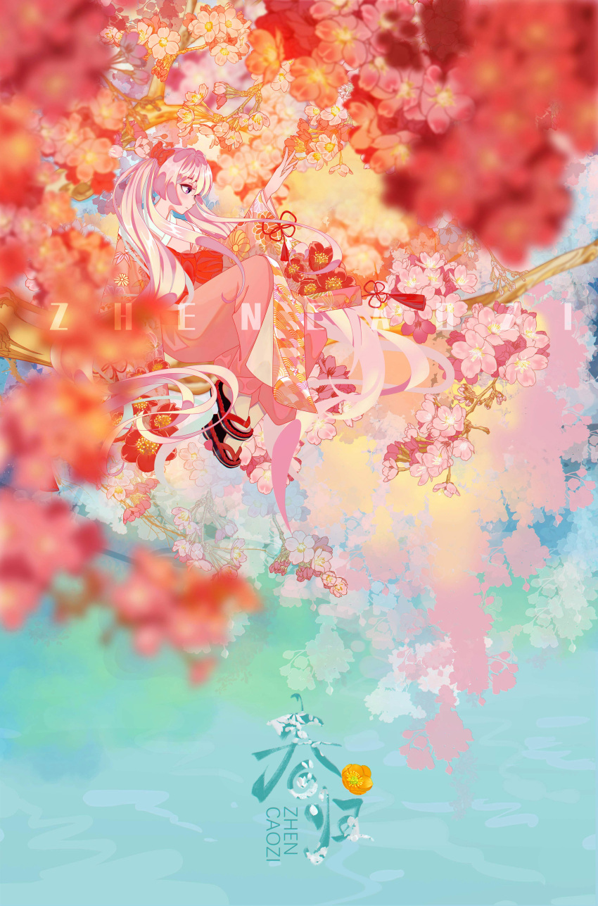 1girl absurdres artist_name blurry blurry_foreground bow day floral_print flower hair_bow highres in_tree long_hair original outdoors procreate_(medium) red_bow seigaiha sitting tree twintails zhen_caozi