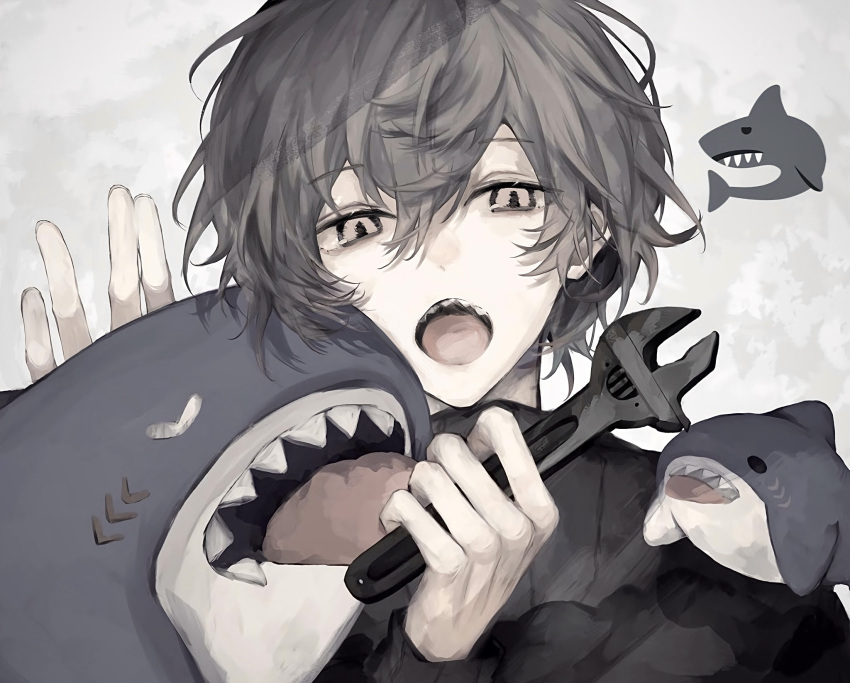 00_gx4 1boy black_sweater grey_eyes grey_hair grey_theme highres holding long_sleeves looking_at_viewer looking_down male_focus open_mouth original shark sharp_teeth short_hair sketch solo stuffed_animal stuffed_toy sweater teeth wrench