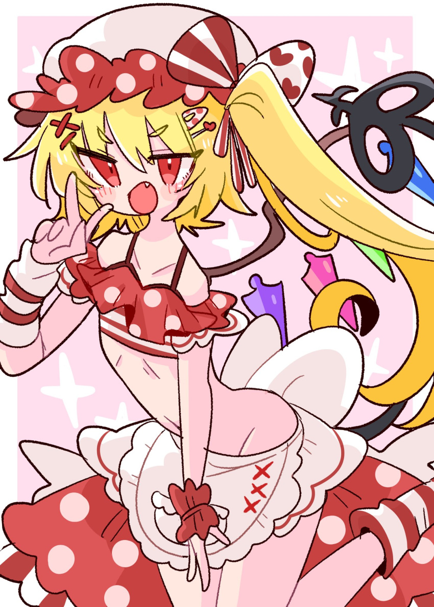 1girl apron bangs bare_hips bare_shoulders blonde_hair blush bow collarbone commentary crystal crystal_wings fang flandre_scarlet frilled_hat frills hair_between_eyes hair_ornament hair_ribbon hairclip hat heart heart_hair_ornament heart_ribbon highres laevatein_(touhou) mob_cap navel op_na_yarou open_mouth pink_background pink_headwear polka_dot polka_dot_bow red_eyes red_ribbon ribbon ribs short_hair side_ponytail skirt solo star_(symbol) touhou v white_ribbon wings