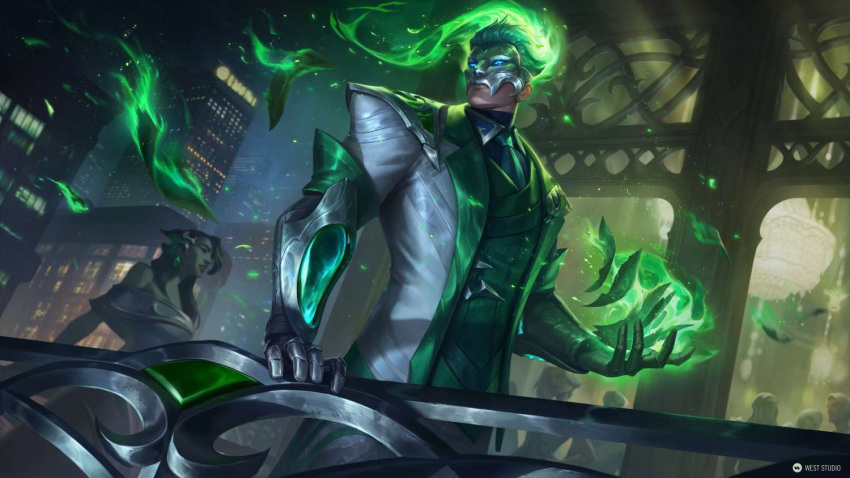 1boy 1girl alternate_costume balcony blue_eyes brand_(league_of_legends) city city_lights coat collared_coat debonair_brand fantasy feet_out_of_frame fiery_hair fire flaming_hand gauntlets green_fire green_hair league_of_legends logo looking_to_the_side male_focus mask mature_male night night_sky official_art outdoors paper shoulder_pads sky west_studio