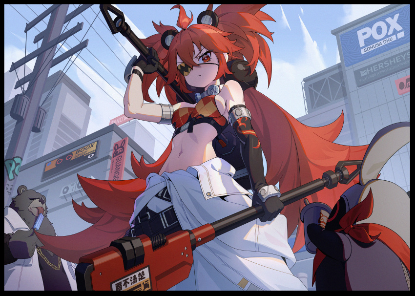 1boy 1girl 1other ahoge animal_ears baggy_pants bare_shoulders bear bear_boy bear_ears bear_girl ben_(zenless_zone_zero) blue_sky breasts building city clouds crop_top cup disposable_cup dual_wielding eyepatch food furry furry_male fysc gloves hair_between_eyes hair_ornament highres holding jacket jewelry koleda_belobog licking long_hair low_twintails messy_hair navel necklace open_clothes open_jacket outdoors pants popsicle red_eyes redhead single_glove sky small_breasts standing twintails weapon zenless_zone_zero
