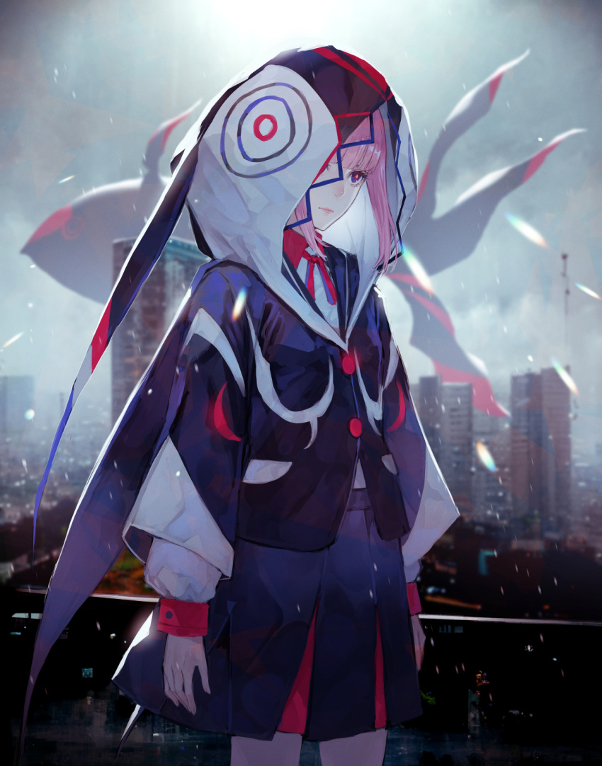 1girl arms_at_sides black_jacket black_skirt blue_eyes blurry blurry_background building clouds cloudy_sky collared_shirt commentary_request day depth_of_field fish flying_fish highres hood hood_up hooded_jacket jacket kaf_(kamitsubaki_studio) kamitsubaki_studio kaoming long_hair long_sleeves looking_away outdoors pink_hair pleated_skirt puffy_long_sleeves puffy_sleeves red_eyes shirt skirt sky skyline skyscraper solo standing white_shirt