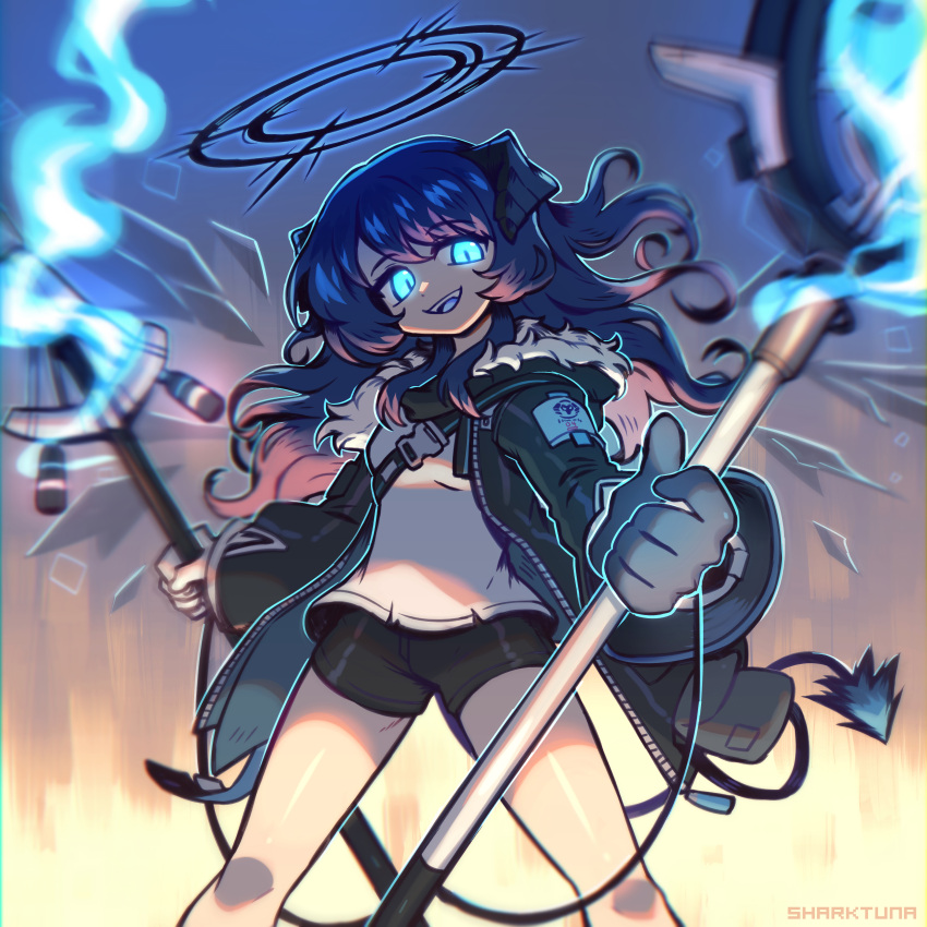 1girl :d absurdres arknights artist_name asymmetrical_gloves black_gloves black_jacket black_shorts black_wings blue_background blue_eyes blue_fire blue_hair blue_tongue chest_strap colored_tongue dark_halo demon_girl demon_horns demon_tail detached_wings dual_wielding energy_wings feet_out_of_frame fire foreshortening gloves glowing glowing_eyes gradient gradient_background halo highres holding holding_staff hood hood_down hooded_jacket horns jacket long_hair long_sleeves looking_at_viewer mismatched_gloves mostima_(arknights) open_clothes open_jacket open_mouth sharktuna shirt shorts simple_background smile solo staff tail teeth upper_teeth white_gloves white_shirt wings yellow_background