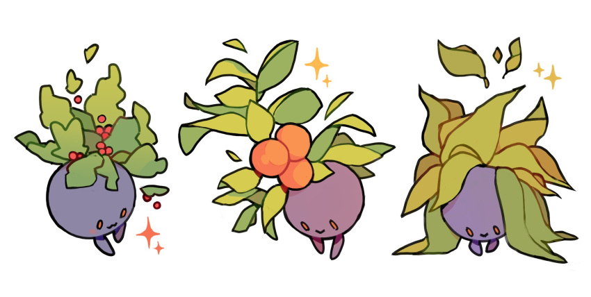 :&gt; :3 closed_mouth commentary english_commentary full_body highres leaf oddish orange_eyes pokemon pokemon_(creature) simple_background sparkle tiki_(tikivt) white_background