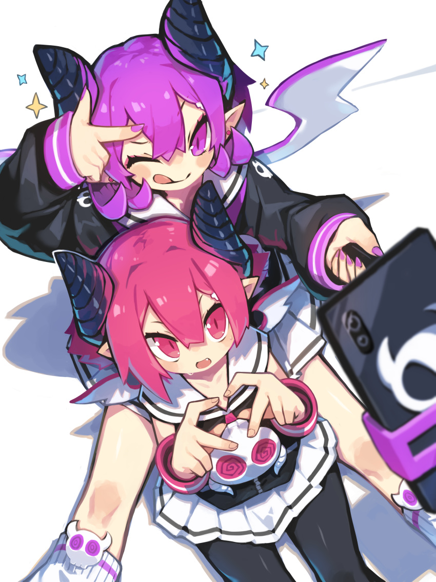 2girls :p absurdres bangs black_hoodie black_horns black_pantyhose blurry blush_stickers bracelet cellphone closed_mouth demon_wings depth_of_field disgaea dual_persona fang feet_out_of_frame flipped_hair hair_between_eyes heart heart_hands highres holding holding_stick hood hoodie horns jewelry long_hair long_sleeves looking_at_viewer miniskirt multicolored_clothes multicolored_hoodie multiple_girls nail_polish neckerchief necklace one_eye_closed open_mouth pantyhose phone pink_eyes pink_hair pink_neckerchief pleated_skirt purple_hair purple_nails raised_eyebrow raspberyl sailor_collar selfie_stick short_eyebrows sidelocks simple_background sitting skirt skull_necklace skull_ornament sleeveless sleeveless_hoodie slit_pupils smartphone smile socks sparkle stick straight_hair sweat tongue tongue_out tsurime v_over_eye violet_eyes white_background white_hoodie white_sailor_collar white_skirt white_socks wings zipper zizi_niisan