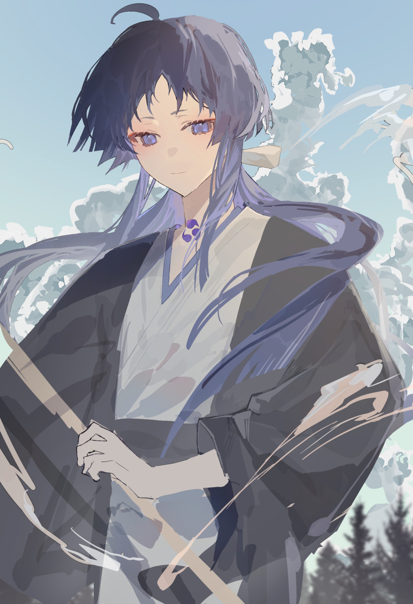 1boy absurdres alternate_costume alternate_hair_length alternate_hairstyle closed_mouth clouds day genshin_impact hair_ribbon highres japanese_clothes kimono long_hair male_focus mitsudomoe_(shape) outdoors persimmon_(lsxh3) purple_hair ribbon scaramouche_(genshin_impact) sketch sky solo tomoe_(symbol) tree violet_eyes white_ribbon wide_sleeves