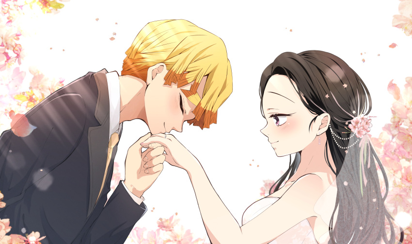 1boy 1girl absurdres agatsuma_zenitsu bare_shoulders black_hair black_suit blonde_hair blush breasts brown_hair clone commentary_request dress earrings floral_background flower formal hair_ornament highres holding_hands jewelry kamado_nezuko kimetsu_no_yaiba large_breasts long_hair long_sleeves multicolored_hair necktie pink_eyes pori_(kmt_pori) protected_link short_hair single_earring smile suit twitter_username white_background