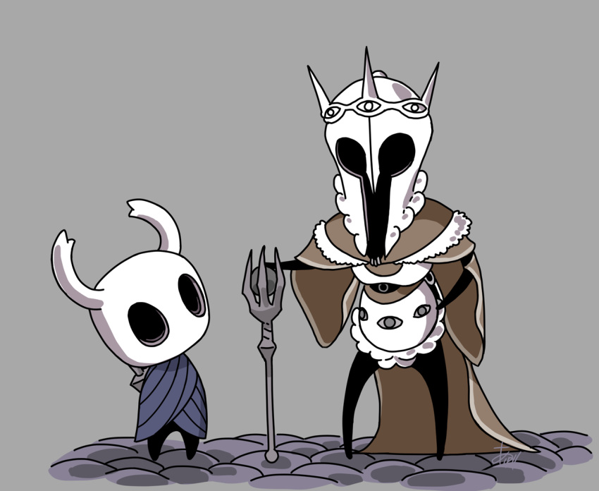 1boy arizuka_(catacombe) cape cloak crossover elden_ring gideon_ofnir grey_background hand_on_hip height_difference helmet hollow_eyes hollow_knight knight_(hollow_knight) looking_at_another parody simple_background staff standing style_parody