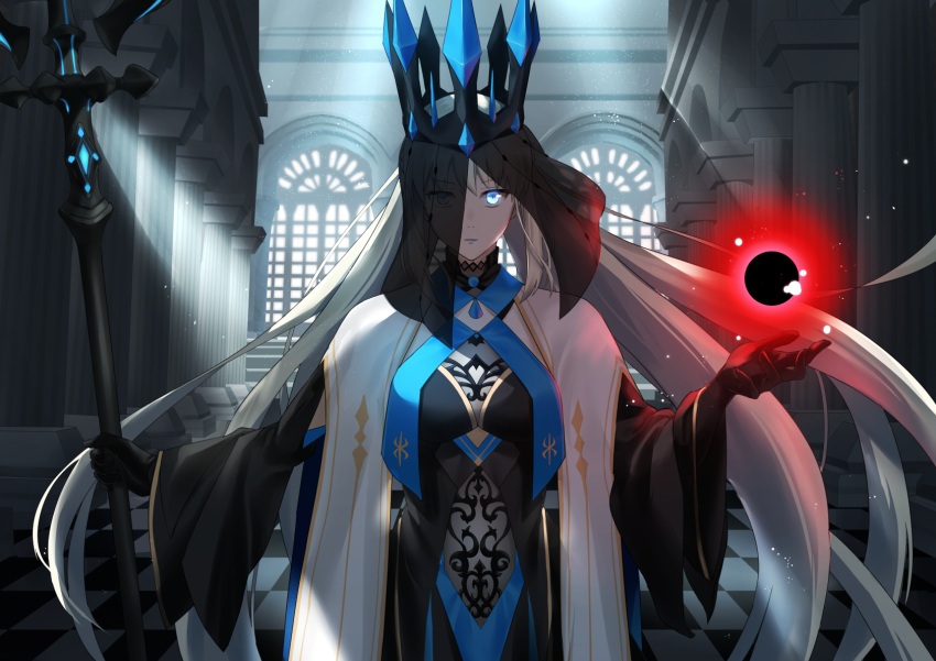 1girl alternate_costume black_dress black_gloves blue_eyes checkered_floor crown dress fate/grand_order fate_(series) gloves glowing glowing_eye highres holding holding_staff long_hair looking_at_viewer magic morgan_le_fay_(fate) official_alternate_costume shaded_face solo staff upper_body veil wide_sleeves yukichi_(mainitiiitenkidana07)