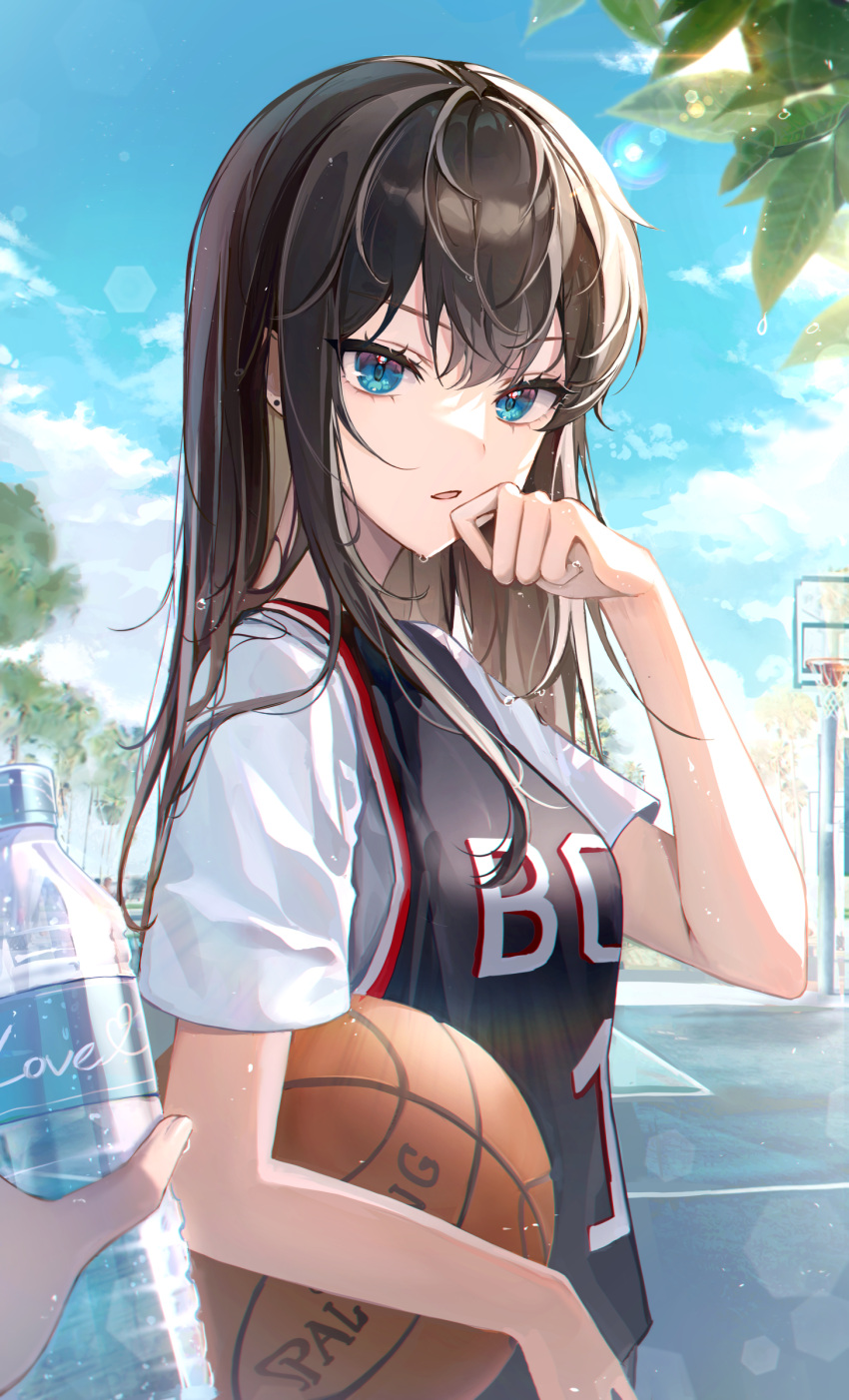 1girl 1other absurdres ball bangs basketball basketball_court basketball_hoop basketball_jersey blue_eyes blue_sky bottle branch brown_hair clouds day earrings eunyoo eyelashes hair_between_eyes hand_up highres holding holding_ball holding_bottle jersey jewelry leaf lens_flare light_particles long_hair looking_at_viewer open_mouth original outdoors parted_lips pov shirt short_sleeves sidelighting sidelocks sky solo_focus spalding stud_earrings sweat tree water_bottle white_shirt