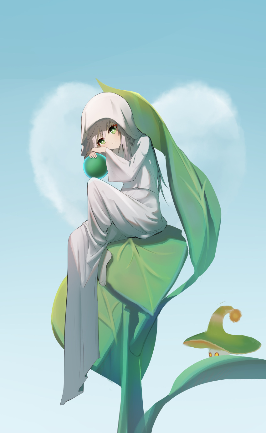 1girl absurdres bangs blue_sky blush closed_mouth clouds commentary_request cross-shaped_pupils day eyebrows_hidden_by_hair fungi_(genshin_impact) genshin_impact green_eyes grey_hair hair_between_eyes head_tilt heart highres hood hood_up hooded_robe knee_up long_hair long_sleeves looking_at_viewer nahida_(genshin_impact) orb outdoors qixia robe sitting sky smile solo_focus very_long_hair white_robe wide_sleeves