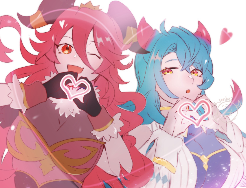 2girls bangs black_gloves blue_hair dragalia_lost fang gloves hair_between_eyes heart heart_hands highres long_hair looking_at_viewer mercury_(dragalia_lost) multicolored_hair multiple_girls mym_(dragalia_lost) oh01861884 one_eye_closed open_mouth red_eyes redhead skin_fang upper_body very_long_hair white_background