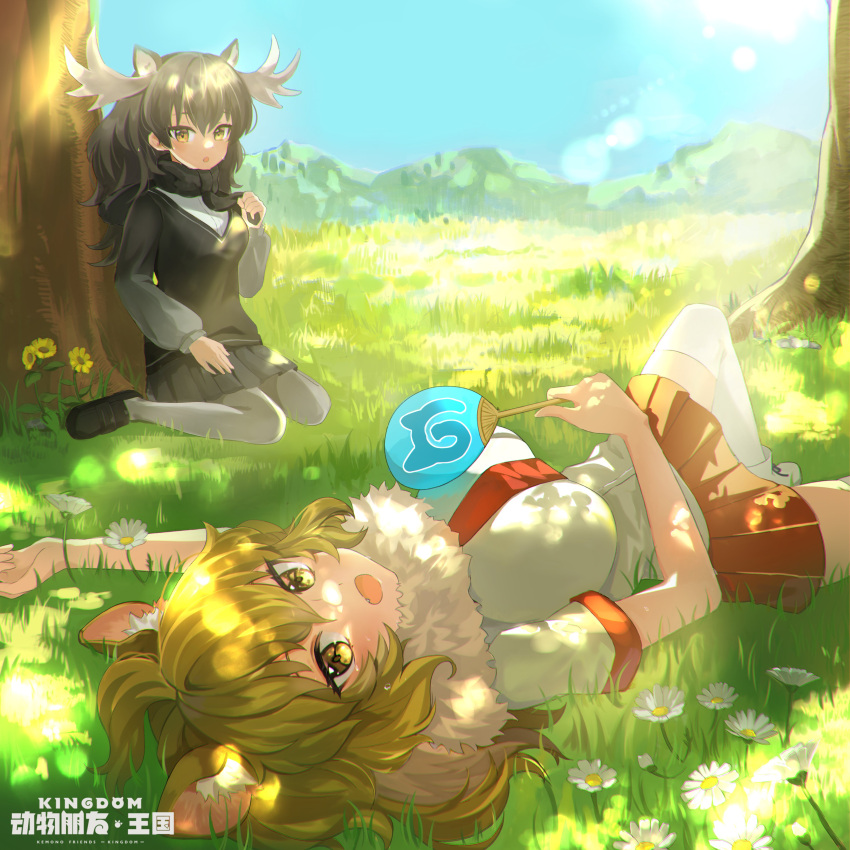 2girls absurdres animal_ears antlers arm_rest arm_up bangs black_hair blonde_hair blue_sky copyright_name dappled_sunlight day extra_ears fang fanning_self flower fur_collar fur_scarf grass hand_fan hand_up highres holding holding_fan japari_symbol kemono_friends kemono_friends_kingdom knee_up lion_(kemono_friends) lion_ears long_hair long_sleeves looking_at_another looking_at_viewer lying miniskirt moose_(kemono_friends) moose_ears multiple_girls necktie official_art on_back on_grass on_ground open_mouth outdoors pantyhose parted_lips pleated_skirt scarf shirt shoes short_sleeves sitting skirt sky sunlight sweat sweater thigh-highs tree wariza yellow_eyes zettai_ryouiki