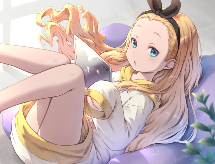 1girl artist_name black_hairband blonde_hair blue_eyes commentary_request cushion hairband holding jacket khell kurumi_(lycoris_recoil) legs long_hair long_sleeves looking_at_viewer lycoris_recoil lying on_back sleeves_past_fingers sleeves_past_wrists solo white_jacket