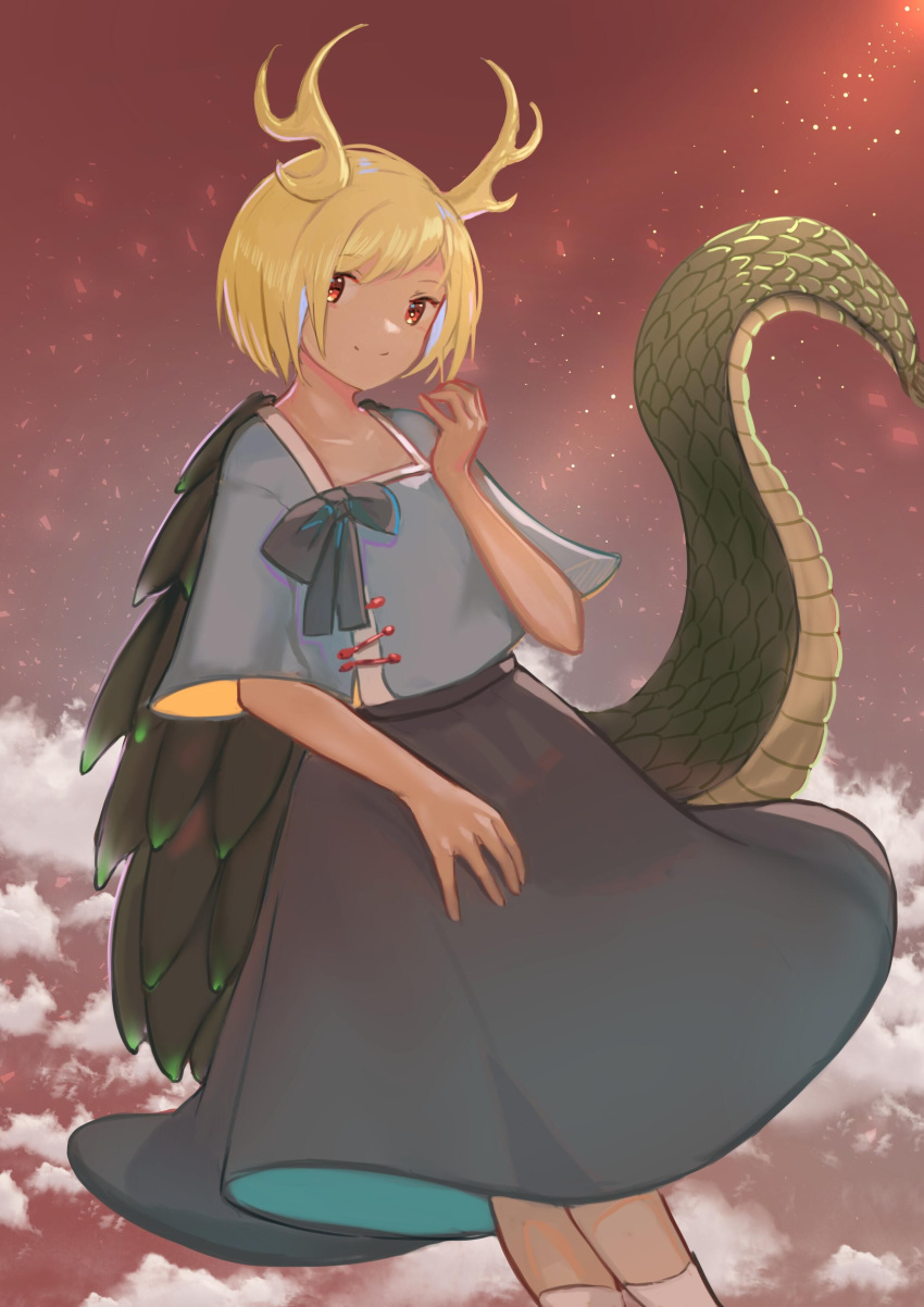 1girl absurdres antlers blonde_hair blue_shirt closed_mouth dragon_horns dragon_tail feet_out_of_frame green_skirt highres horns kicchou_yachie red_eyes shirt short_hair skirt sly930105 smile socks solo tail touhou turtle_shell white_socks wily_beast_and_weakest_creature yellow_horns