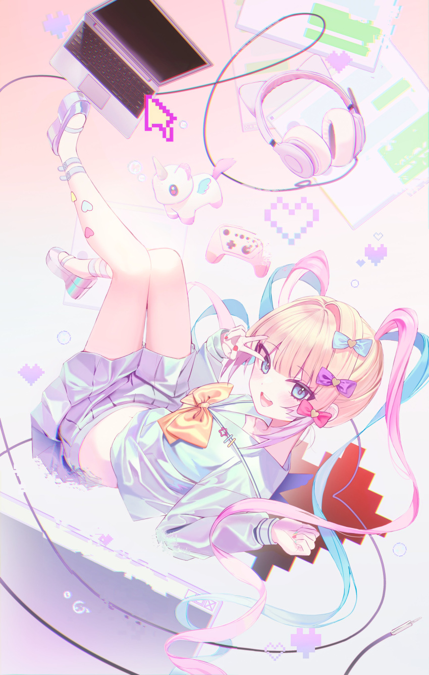 1girl absurdres bangs blue_eyes blue_hair bow cherry_gomm chouzetsusaikawa_tenshi-chan computer controller hair_bow hair_ornament headphones heart highres holographic_clothing laptop long_hair long_sleeves looking_at_viewer multicolored_hair multicolored_nails needy_girl_overdose open_mouth pink_hair quad_tails sailor_collar school_uniform serafuku shirt skirt smile solo twintails v