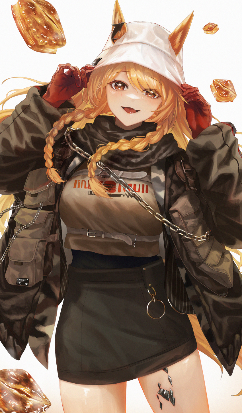 1girl :d absurdres animal_ear_fluff animal_ears arknights black_jacket black_skirt braid breasts brown_eyes brown_shirt ceobe_(arknights) chain commentary_request dog_ears dog_girl dog_tail ears_through_headwear fang gloves grey_background hands_up hat highres jacket long_hair long_sleeves looking_at_viewer medium_breasts monge_baby open_clothes open_jacket orange_hair oripathy_lesion_(arknights) puffy_long_sleeves puffy_sleeves red_gloves shirt simple_background skirt smile solo tail twin_braids very_long_hair white_headwear