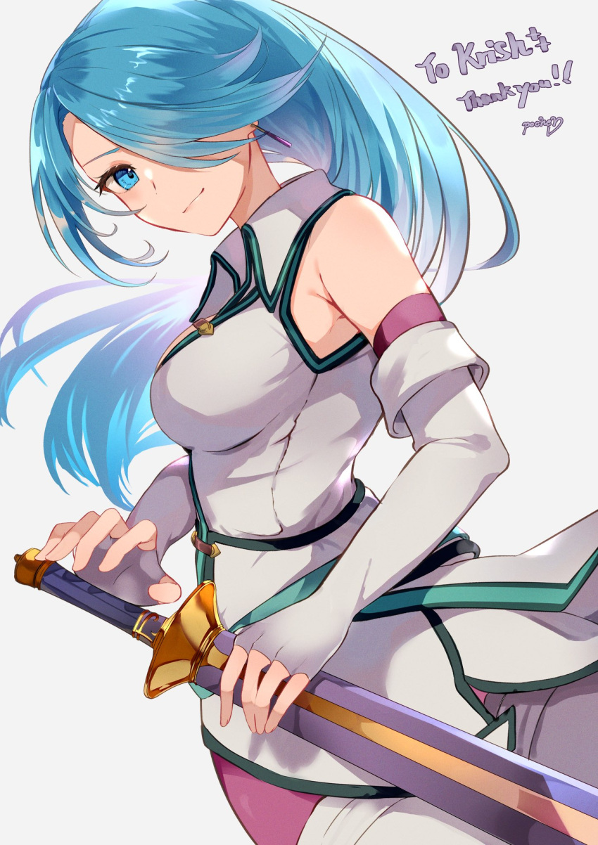 bare_shoulders blue_eyes blue_hair commission earrings elbow_gloves fire_emblem fire_emblem:_path_of_radiance from_side gloves hair_over_one_eye highres jewelry long_hair looking_at_viewer lucia_(fire_emblem) mukatsukupochi sheath sheathed skeb_commission sleeveless smile sword thank_you weapon white_background white_gloves