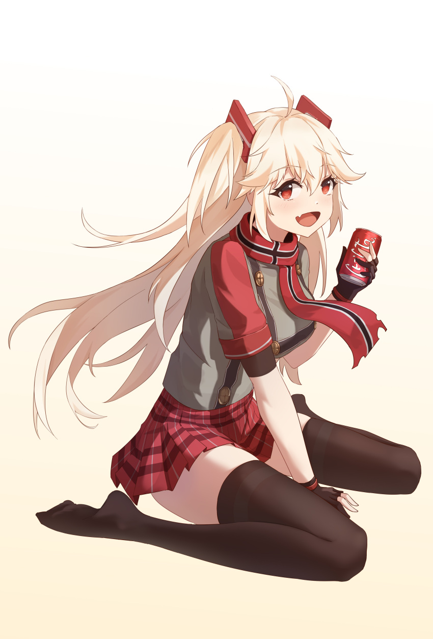 1girl :d absurdres ahoge azur_lane bangs between_legs black_gloves black_thighhighs blonde_hair bluecher_(azur_lane) blush bodystocking breasts can chinese_commentary coca-cola commentary fang full_body gloves grey_shirt hair_between_eyes hair_ornament hand_between_legs highres holding holding_can koshouko_(fenrisulfr1010) large_breasts long_hair looking_at_viewer miniskirt multicolored_clothes multicolored_scarf open_mouth partially_fingerless_gloves plaid plaid_skirt pleated_skirt red_eyes red_scarf red_skirt red_sleeves scarf shirt short_sleeves sidelocks simple_background sitting skin_fang skirt smile soda_can solo thigh-highs twintails wariza zettai_ryouiki