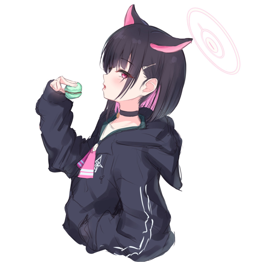 1girl animal_ears black_choker black_hair blue_archive choker colored_inner_hair food hair_ornament hairpin halo highres holding holding_food hood hooded_jacket jacket kazusa_(blue_archive) macaron miso_(misomiso_154) multicolored_hair open_mouth pink_eyes pink_hair sleeves_past_wrists solo two-tone_hair
