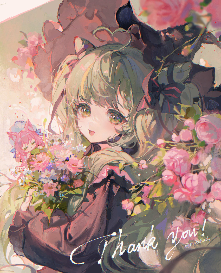 1girl ahoge bangs black_bow black_choker black_headwear black_sleeves blue_flower blurry blurry_foreground blush bow cat cat_girl choker commentary cone_hair_bun english_text flower frilled_hat frills from_side green_eyes green_hair hair_bow hair_bun hat heart heart_ahoge heart_hair highres long_sleeves looking_at_viewer maccha_(mochancc) open_mouth original pink_flower sidelocks smile solo symbol-only_commentary upper_body watermark