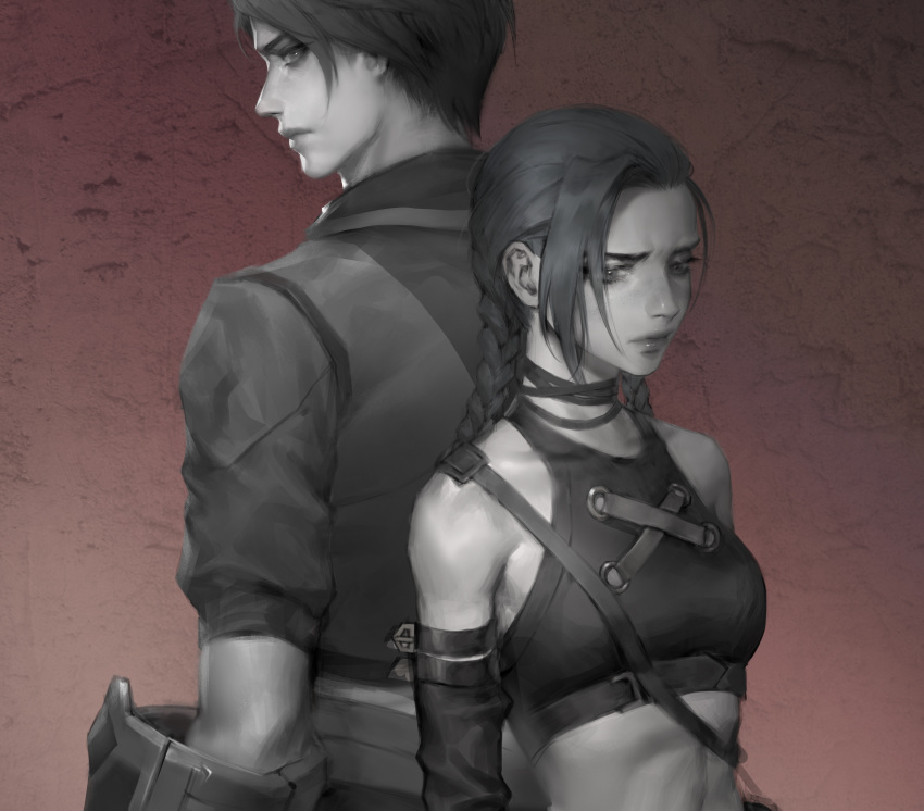 2girls absurdres arcane:_league_of_legends arcane_jinx arcane_vi back-to-back braid breasts brown_background crop_top greyscale height_difference highres jinx_(league_of_legends) league_of_legends low_twin_braids midriff monochrome multiple_girls reverse_trap ryeowon_kwon short_hair small_breasts twin_braids vi_(league_of_legends)