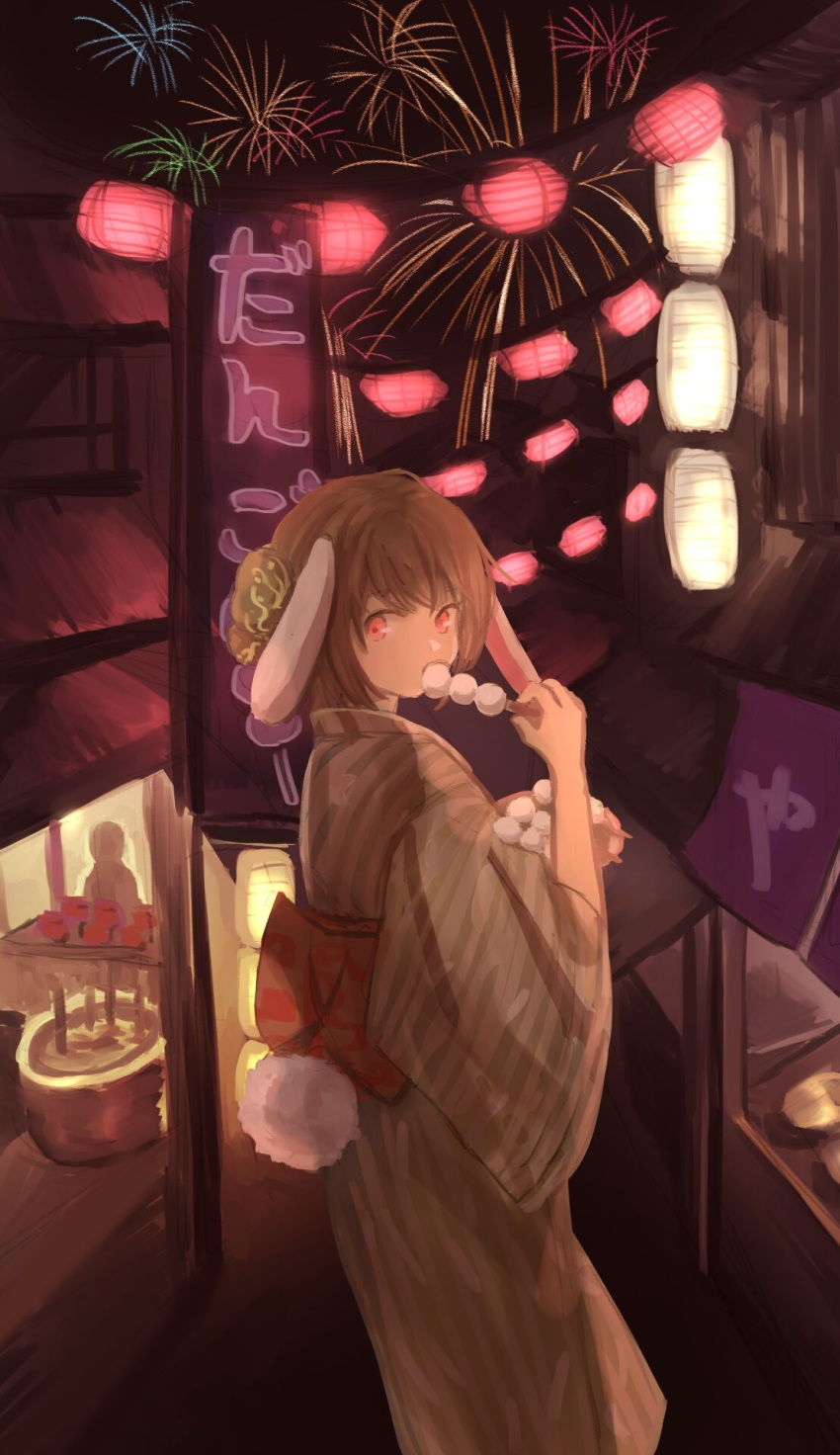 1girl aerial_fireworks alternate_costume animal_ears blonde_hair dango festival fireworks food food_stand highres holding holding_food japanese_clothes kimono long_sleeves looking_at_viewer looking_back obi rabbit_ears rabbit_tail red_eyes ringo_(touhou) sash short_hair sly930105 solo tail touhou wagashi wide_sleeves yatai yellow_kimono