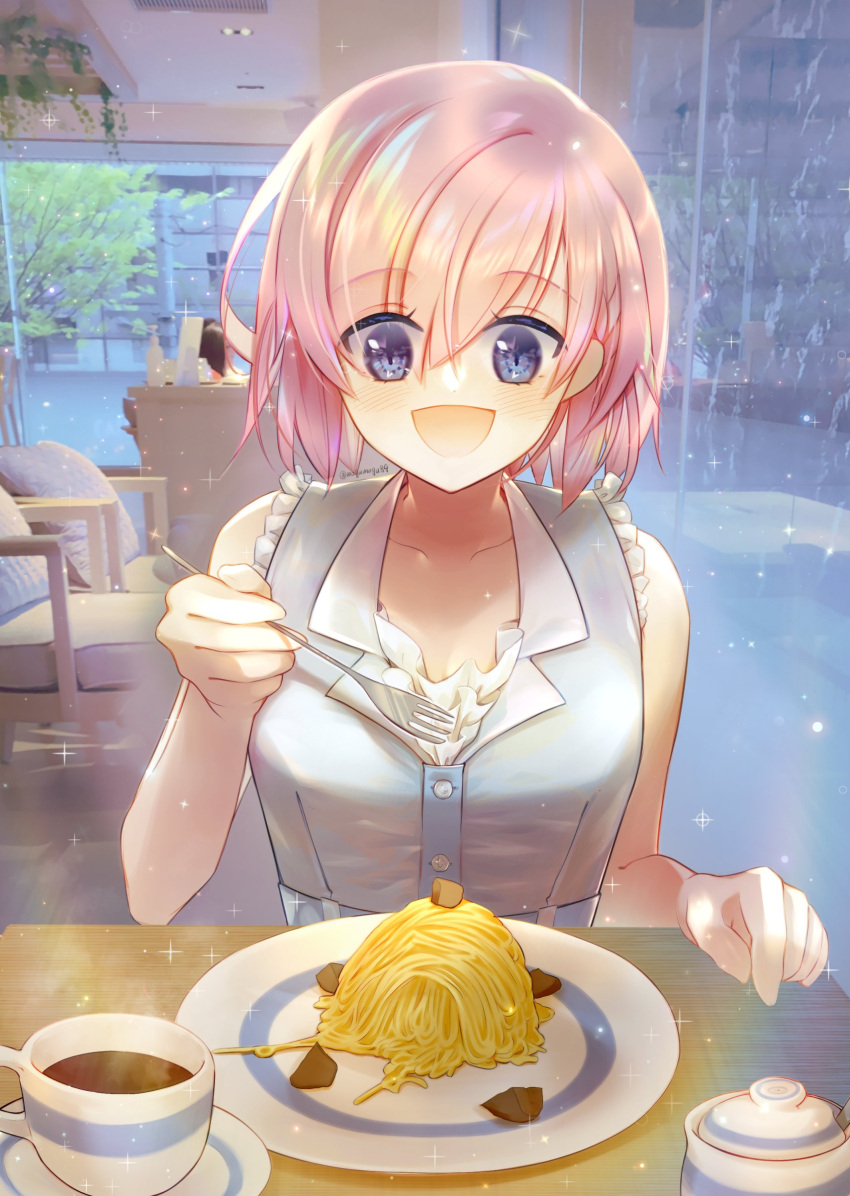 1girl :d absurdres blush breasts eyes_visible_through_hair fate/grand_order fate_(series) food highres izumi_mogu mash_kyrielight mont_blanc_(food) open_mouth purple_hair short_hair smile solo violet_eyes