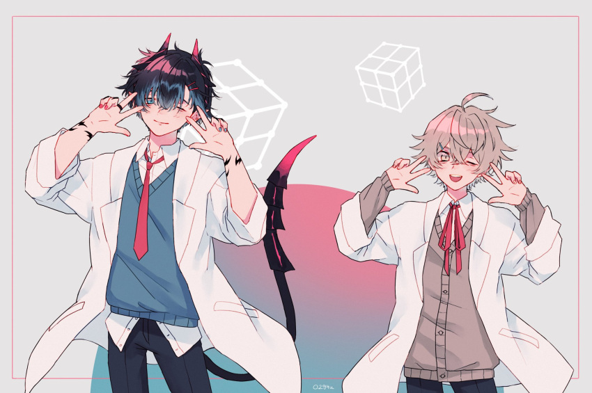 2boys ahoge alchemy_stars arm_tattoo bangs black_hair black_pants blue_eyes blush brown_eyes brown_hair cardigan closed_mouth collared_shirt double_v ear_bar fleur_(alchemy_stars) hair_ornament hairclip hands_up highres horns jewelry labcoat long_sleeves male_focus multiple_boys navigator_(alchemy_stars) neck_ribbon necktie one_eye_closed open_mouth pants red_necktie red_ribbon ribbon ring shirt short_sleeves smile sweater_vest tail tail_through_clothes tattoo turing_love twitter_username upper_body uuu_(0294u) v white_shirt