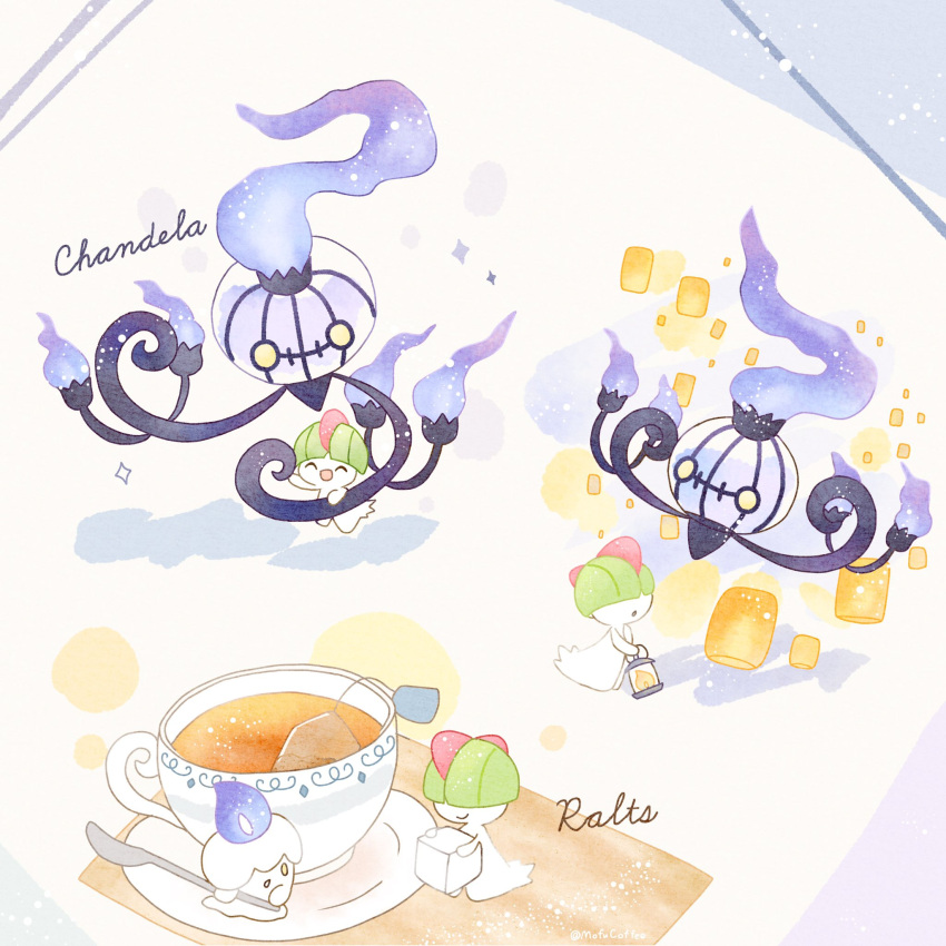 blue_fire chandelure character_name closed_eyes commentary_request cup fire flame highres holding holding_lantern lantern litwick mofucoffee no_humans pokemon pokemon_(creature) ralts saucer sparkle sugar_cube teabag teacup yellow_eyes