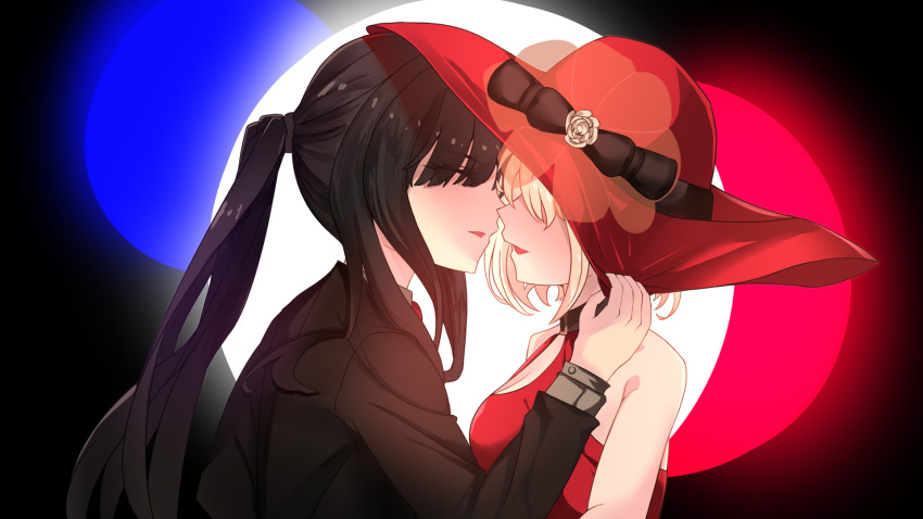 2girls black_bow black_hair black_suit blonde_hair bow closed_eyes commentary_request dress formal hand_on_another's_hat hat hat_bow highres incoming_kiss inoue_takina long_hair long_sleeves lycoris_recoil multiple_girls nishikigi_chisato official_alternate_costume ponytail red_dress red_headwear short_hair sleeveless sleeveless_dress suit tudili upper_body yuri