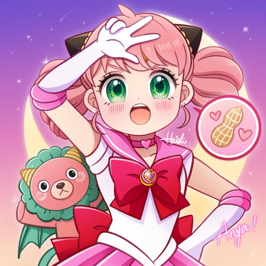 1girl anya_(spy_x_family) bishoujo_senshi_sailor_moon brooch chibi_usa choker cone_hair_bun crystal_earrings earrings green_eyes hair_bun heart_brooch heidi0821 highres jewelry peanut pink_choker pink_hair pink_sailor_collar sailor_chibi_moon sailor_collar sailor_senshi_uniform smile solo spy_x_family stuffed_animal stuffed_toy tiara