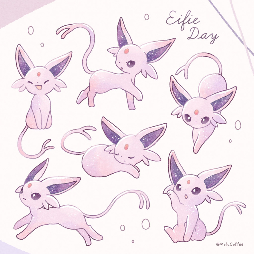:d bright_pupils closed_eyes commentary_request espeon forked_tail highres mofucoffee multiple_views no_humans open_mouth pokemon pokemon_(creature) smile tail twitter_username violet_eyes white_pupils
